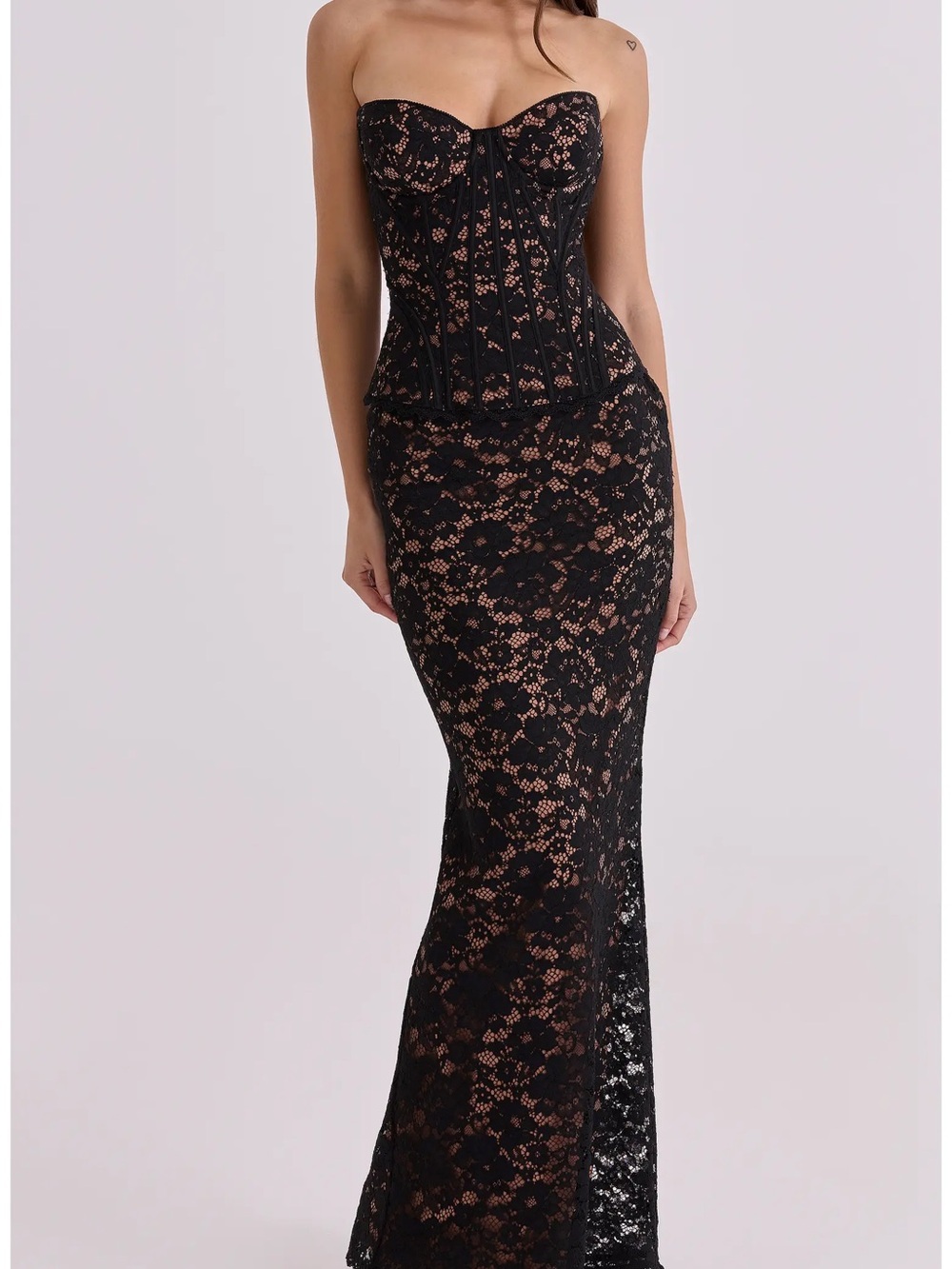 House of CB Black Lace Strapless Corset Gown with Nude Underlay